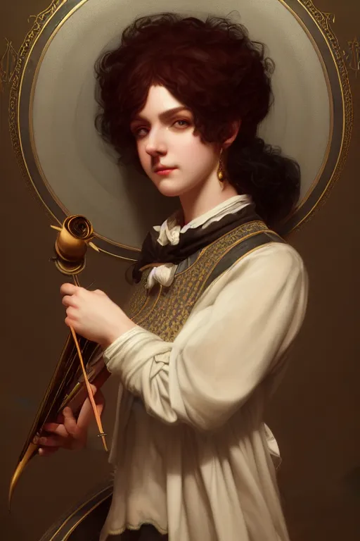 Prompt: a portrait of a fantasy bard, bored, illustration, soft lighting, soft details, painting oil on canvas by Edmund Blair Leighton and Charlie Bowater octane render trending on artstation d&d characters, 4k, 8k, HD