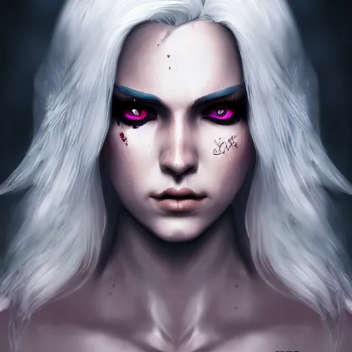 Prompt: an epic portrait of evelynn as a witcher, witcher design, beautiful face, detailed face, white hair, epic fantasy art, trending on artstation, deviantart, high detail, high definiton, ultra realistic, high quality, ultra quality, hyper realistic, 4 k uhd,