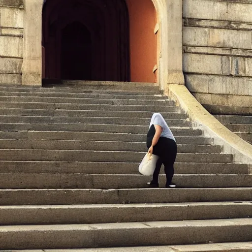 Image similar to a fat Indian woman holding a rollator on steps in Porto, greg rutkowski