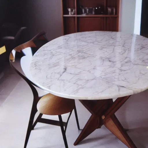 Prompt: photo of dining table with marble in the center, wood around it, cinestill, 8 0 0 t, 3 5 mm, full - hd