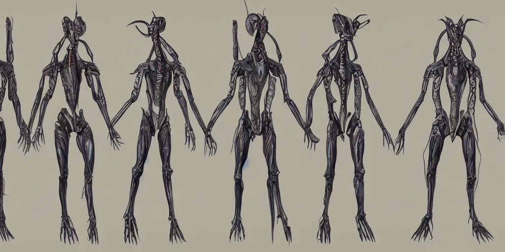 Image similar to a humanoid mantis alien creature, character design sheet, detailed concept art by fortiche