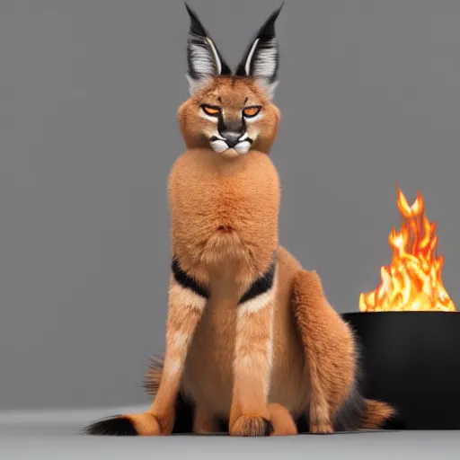 Prompt: wide-angle photo of fluffy cute caracal sitting on a stool in a room, flames of fire at background, octane render, 3d, 8k, hd, studio light