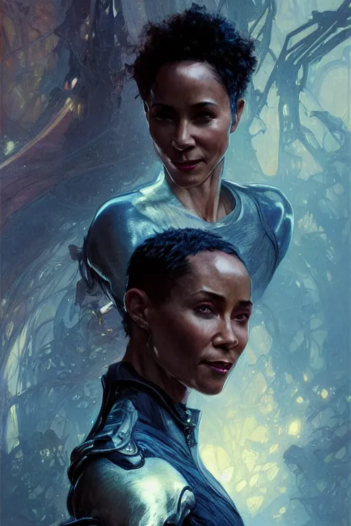 Image similar to young jada pinkett smith from the matrix profile picture by Greg Rutkowski, dynamic pose, afro futurism, intricate, futuristic, fantasy, elegant, by Stanley Artgerm Lau, greg rutkowski, thomas kindkade, alphonse mucha, loish, norman Rockwell,