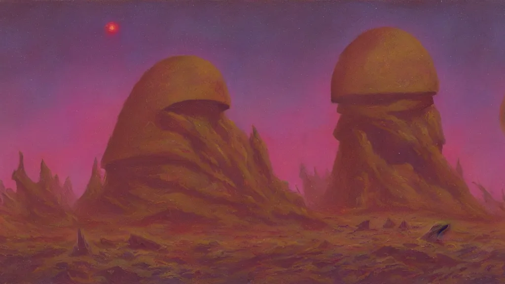 Image similar to mysterious sculpture of an alien civilization by paul lehr and john schoenherr, cinematic matte painting