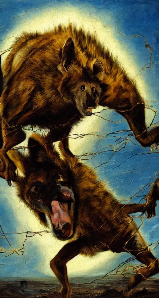 Prompt: bosch oil painting of a giant hyena made of electricity, leaping through the sky, apocalyptic