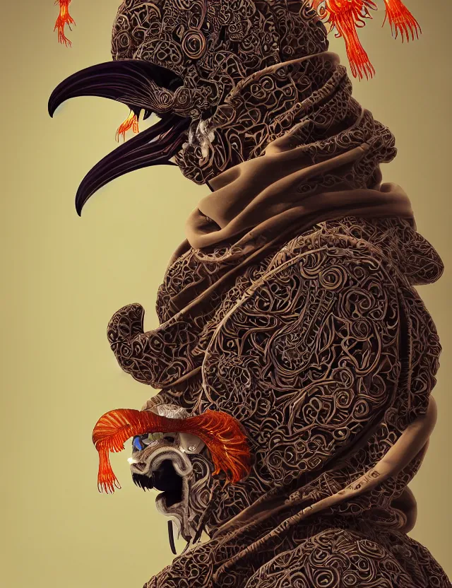 Image similar to 3 d goddess close - up profile portrait of cultist monk in hooded robe with ram skull. beautiful intricately detailed japanese crow kitsune mask and clasical japanese kimono. betta fish, jellyfish phoenix, bio luminescent, plasma, ice, water, wind, creature, artwork by tooth wu and wlop and beeple and greg rutkowski