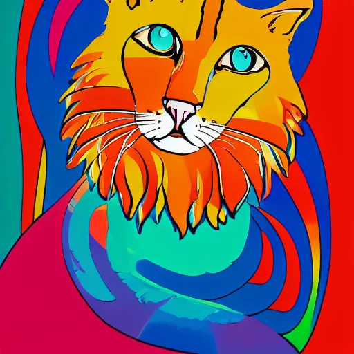 Image similar to 6 0 s hippie poster illustration of a cat made of flowing rainbows by pascal blanche and bonnie mclean and wes wilson, 8 k, artstation