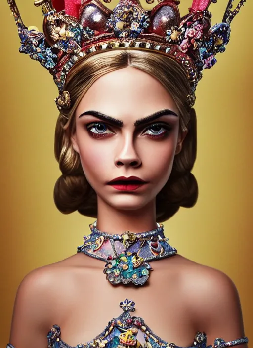 Image similar to closeup face profile portrait of a tin toy cara delevingne as a fairytale princess wearing a crown with tin bunnies, bikini, depth of field, zeiss lens, detailed, symmetrical, centered, fashion photoshoot, by nicoletta ceccoli, mark ryden, lostfish, breathtaking, 8 k resolution, extremely detailed, beautiful, establishing shot, artistic, hyperrealistic, octane render