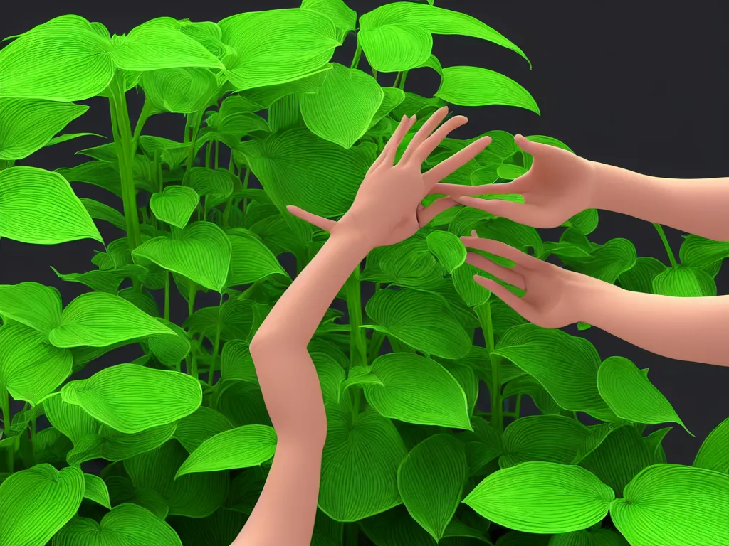 Image similar to 3 d render of a human hand reaching towards abundant flowering hosta plants!!!, 3 d geometric neon shapes, rule of thirds, clean linework, dramatic, award winning, 4 k, trending on artstation, photorealistic, volumetric lighting, octane render