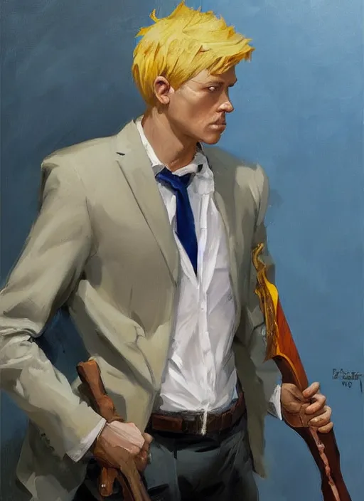 Prompt: greg manchess painting of a blond man in a blue suit with a sword and a pistol, asymmetrical, profile picture, organic painting, sunny day, matte painting, bold shapes, hard edges, street art, trending on artstation, by huang guangjian, gil elvgren, ruan jia, randy vargas, greg rutkowski
