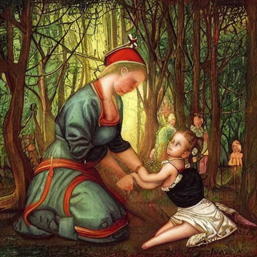 Image similar to “ sensual nurse treating medieval child girl in a fantasy forest, artwork ”