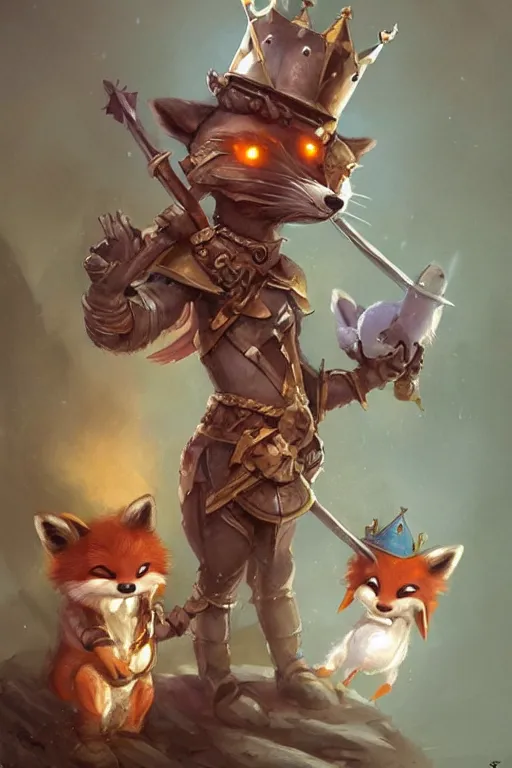 Image similar to cute little anthropomorphic foxy knight wearing a cape and a crown, tiny, small, miniature fox, baby animal, short, pale blue armor, cute and adorable, pretty, beautiful, DnD character art portrait, matte fantasy painting, DeviantArt Artstation, by Jason Felix by Steve Argyle by Tyler Jacobson by Peter Mohrbacher, cinematic lighting