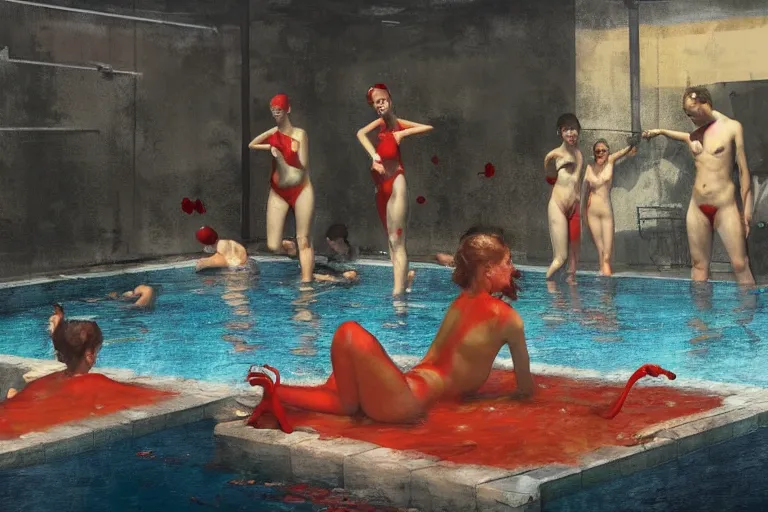 Image similar to Red People at a swimming pool in the style of Francis Bacon and Norman Rockwell and Frank Lloyd Wright , by Bastien Lecouffe-Deharme, dark atmopshere, James Jean, Edward Hopper, trending on artstation, Peter Doig masterpiece, 4k, HD