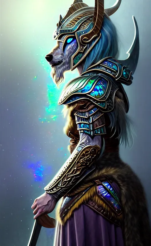 Image similar to iridescent opal viking warrior, wolf armor, winter, morandi color scheme, hd, illustration, epic, d & d, fantasy, intricate, elegant, highly detailed, wide angle, digital painting, artstation, concept art, smooth, sharp focus, illustration, wallpaper, art by artgerm and greg rutkowski and alphonse mucha and jin xiaodi