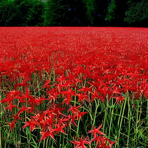 Prompt: a field full of red spider lillies