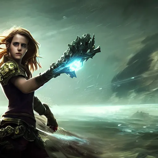 Image similar to portrait of emma watson as hermione, league of legends amazing splashscreen artwork, gears of war, splash art, natural light, elegant, photorealistic facial features, intricate, fantasy, detailed face, atmospheric lighting, anamorphic lens flare, cinematic lighting, league of legends splash art, hd wallpaper, ultra high details by greg rutkowski