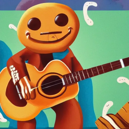 Image similar to an anthropomorphic pancake playing guitar