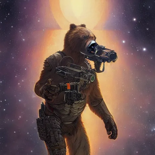 Image similar to detailed science - fiction character portrait of a grizzly bear shooting a machine gun in space, intricate, wild, highly detailed, digital painting, artstation, concept art, smooth, sharp focus, illustration, art by artgerm and greg rutkowski and alphonse mucha