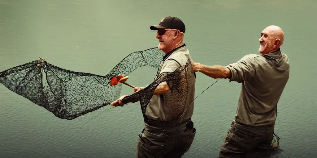 Prompt: Mike Ehrmantraut catching a trout in a net, smiling, river, sunny, cgsociety, artstation, cinematic