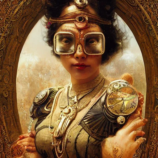 Prompt: detailed potrait of hindu traditional woman blindfolded by high - tech steam punk face armour, girl graceful,, painting by gaston bussiere, craig mullins, j. c. leyendecker, lights, art by ernst haeckel, john william godward, hammershøi,,