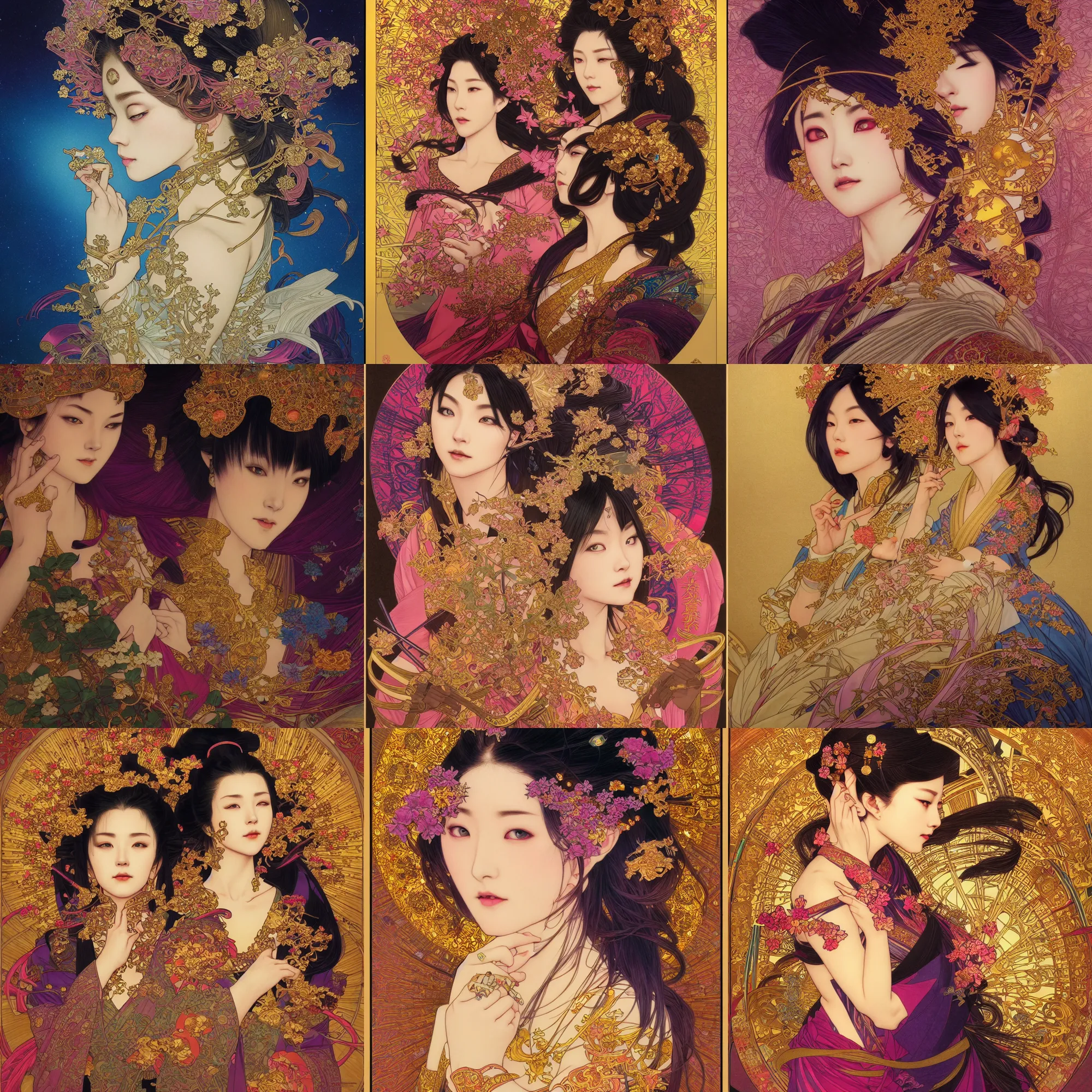 Prompt: empress, night, japan, 4 k, ultra realistic, beautiful colors, epic lighting, machines, high detail, masterpiece, trending on artstation by artgerm and akihito tsukushi and alphonse mucha, crayons