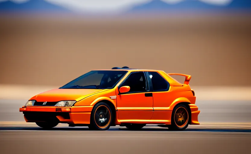 Prompt: photograph of a cell-shaded orange Honda EK9 Type-R, speeding on a desert road with a futuristic city in the horizon, kicking up dirt, action shot, one point perspective, sigma 85mm f/1.4, 4k, depth of field, high resolution, 4k, 8k, hd, full color