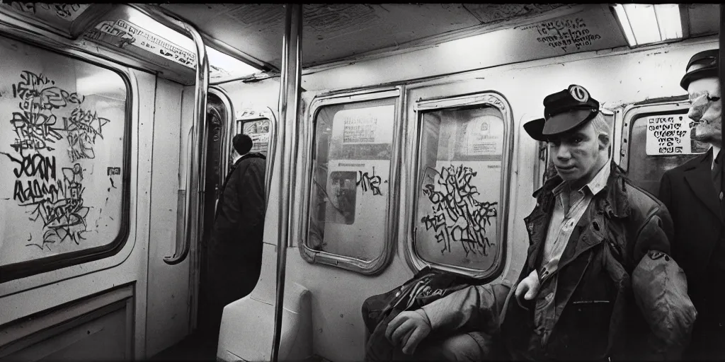 Image similar to new york subway cabin 1 9 8 0 s inside all in graffiti, policeman closeup, coloured film photography, christopher morris photography, bruce davidson photography