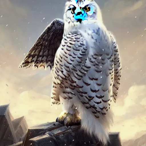 Image similar to a fantasy style snowy owl flying, with battle armour on rpg dnd oil painting unreal 5 daz rpg portrait extremely detailed artgerm greg rutkowski