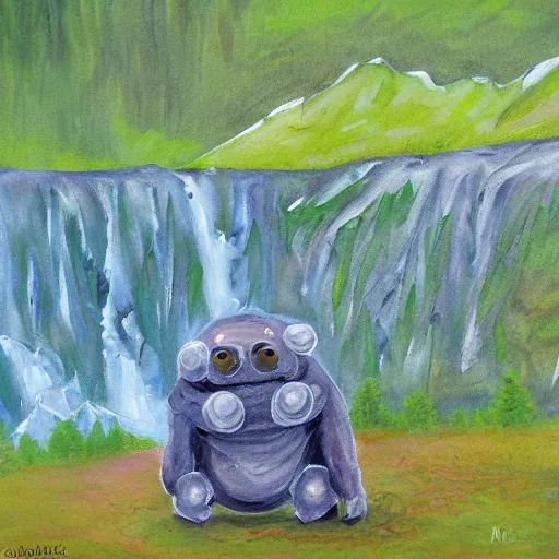 Image similar to portrait of tardigrade at Brooks Falls in Alaska, landscape painting by Moran and George Caitlin