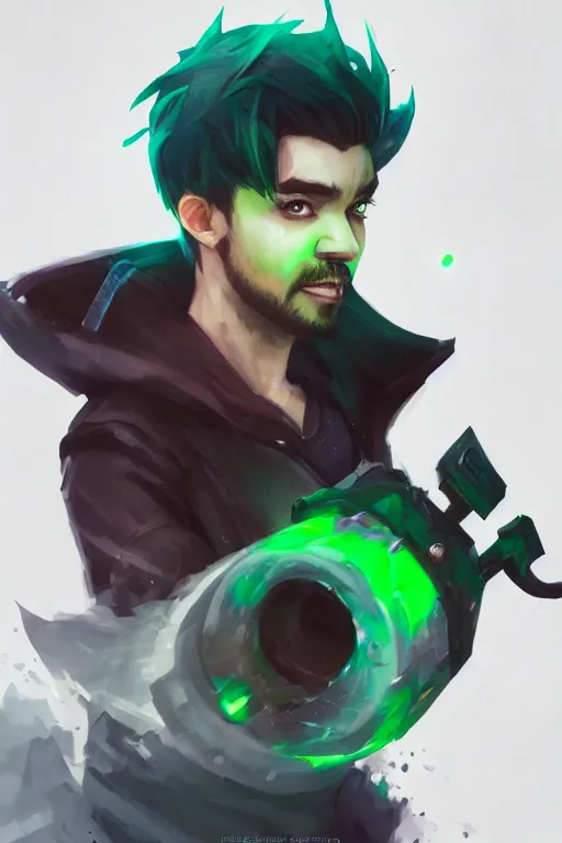 Image similar to a portrait of the YouTuber jacksepticeye in the style of league of legends by Greg Rutkowski, Sung Choi, Mitchell Mohrhauser, Maciej Kuciara, Johnson Ting, Maxim Verehin, Peter Konig, final fantasy , mythical, 8k photorealistic, cinematic lighting, HD, high details, atmospheric,