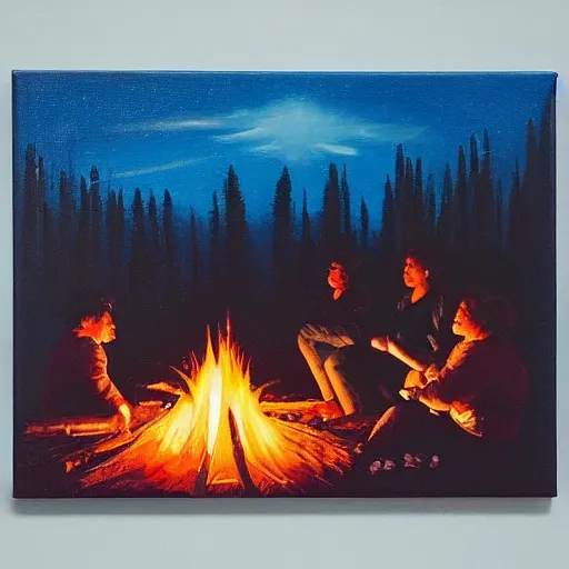 Image similar to angels in the sky looking down on earth at 6 people around a campfire at night, oil paint on canvas