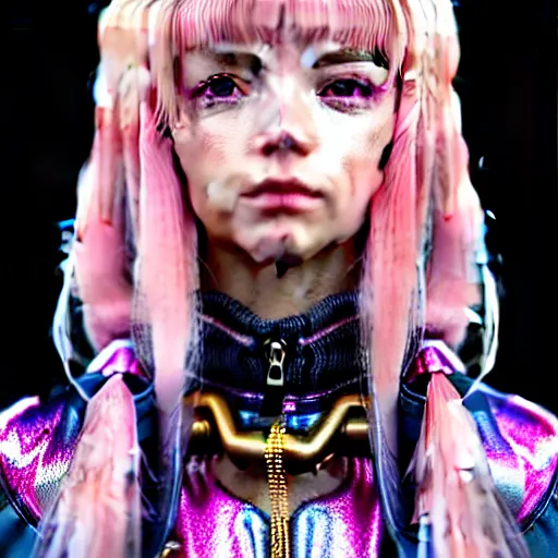 Image similar to hyperdetailed close portrait of a stunningly beautiful pink cyberpunk cute european girl made of metals and shiny iridescent gems, dark rainbow nimbus, gold necklace, puffer jacket, inspired by ross tran and masamune shirow and kuvshinov, intricate, photorealistic, octane render, rtx, hdr, unreal engine, dnd digital art by artgerm