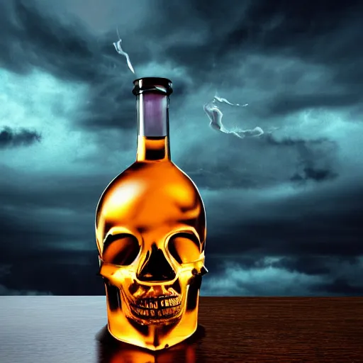 Prompt: skull made of smoke inside of wine bottle. Stormy sky on the backround .Art station. Mood lighting. - h 1200