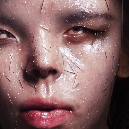 Image similar to closeup of sweating forehead with sweat on it, big drops of sweat, big beads of sweat, sweat drops, airbrush painting, forehead only, by Hajime Sorayama, symmetric face, beautiful face, highly realistic, star flares, trending on artstation, beautiful lighting, sharp, details, hyper-detailed, HD, HDR, 4K, 8K