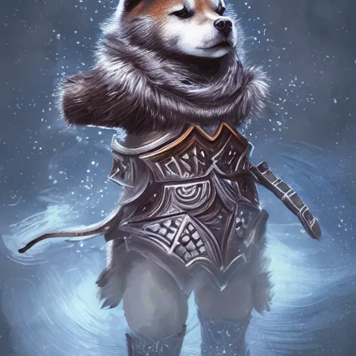 Prompt: shiba inu Dog, battle armour, Anthropomorphized, casting epic spell, magic the gathering artwork, D&D, fantasy, cinematic lighting, centered, symmetrical, highly detailed, digital painting, artstation, concept art, smooth, sharp focus, illustration, volumetric lighting, epic Composition, 8k, art by Akihiko Yoshida and Greg Rutkowski and Craig Mullins, heroic pose, oil painting, cgsociety, magic lab background