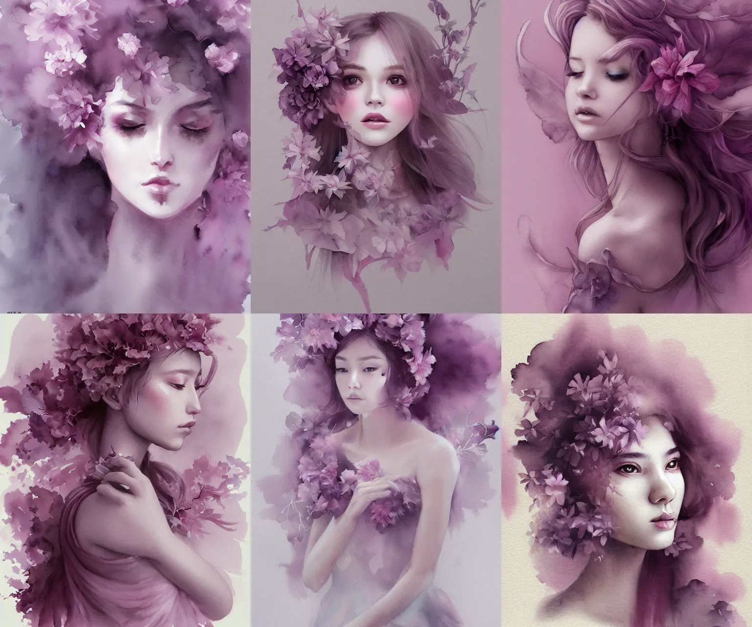 Prompt: mauve smoke watercolor flower fairy portrait, by wlop and artgerm