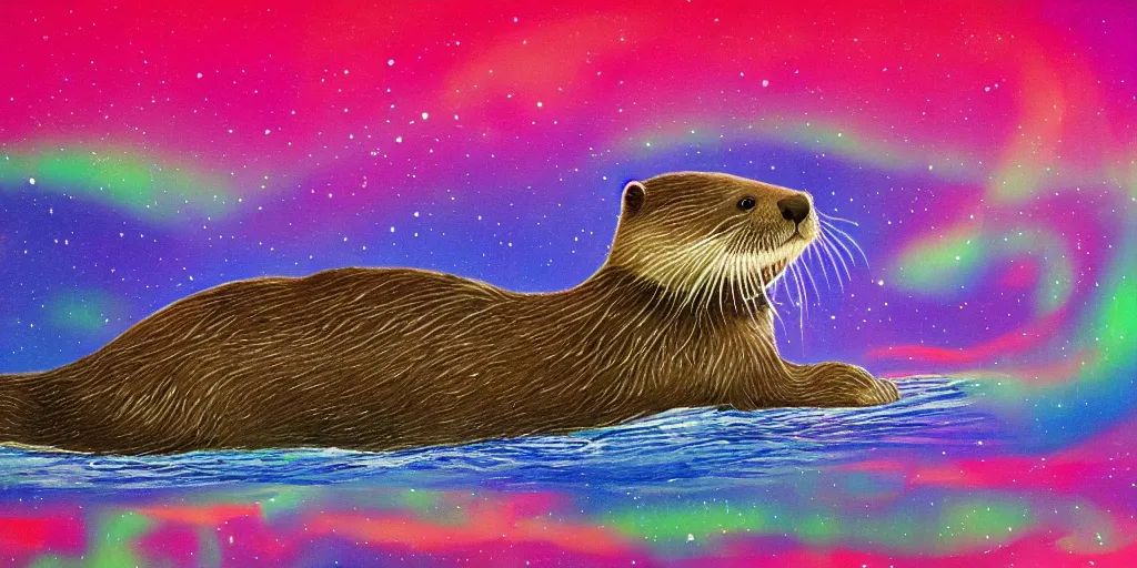 Image similar to an otter swimming through the aurora borealis, expressive colors, surreal, impressionist, 4k