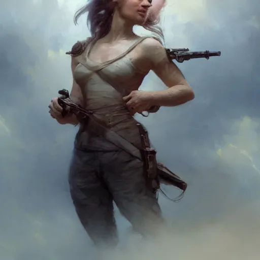 Image similar to cinematic shot epic portrait an female soldier smiling, majestic, beautiful, blush, sweaty skin, battlefield backround, broad light, ambient occlusion, volumetric light effect, made by ivan aivazovsky, peter mohrbacher, greg rutkowski, matte painting, trending on artstation, 4 k, perfectly defined features, digital painting, cinematic, epic, highly detailed,