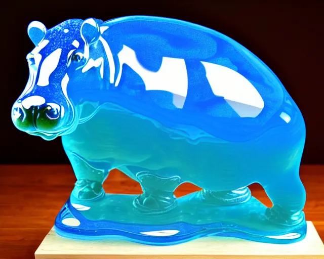 Prompt: a sculpture of hippo baby, bottom half wood carved, top half blue translucid resin epoxy, cubic blocks, side view centered, mixmedia, transparent,