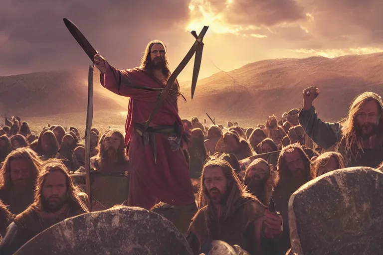 Prompt: Jesus Christ as a viking holding a iron battleax yelling and raising his arms in a scandinavian field, 8k, hyperrealistic, professional photography, epic composition, golden hour