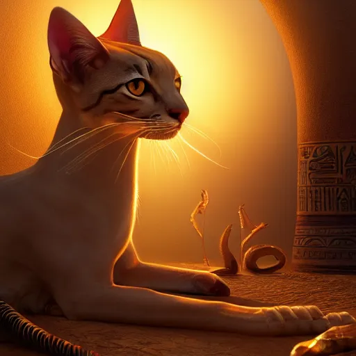 Image similar to egyptian cat, golden hour, fantasy, sharp focus, digital art, hyper realistic, 4 k, unreal engine, highly detailed, hd, dramatic lighting by brom, trending on artstation