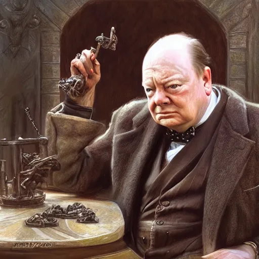 Image similar to Winston Churchill as a fantasy D&D merchant, portrait art by Donato Giancola and James Gurney, digital art, trending on artstation