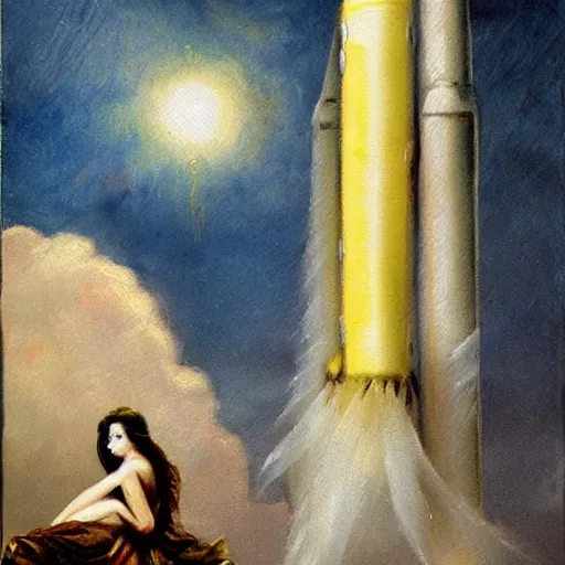 Prompt: romanticism painting of a rocket with a human face