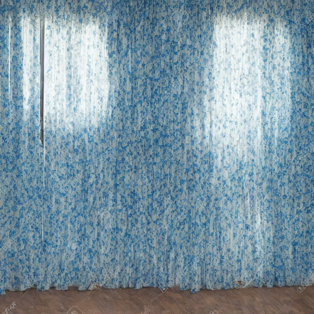 Prompt: 15081959 21121991 01012000 4k, highly detailed, sharp focus a large empty room, the curtains at the windows are frayed, the blue wallpaper is torn,