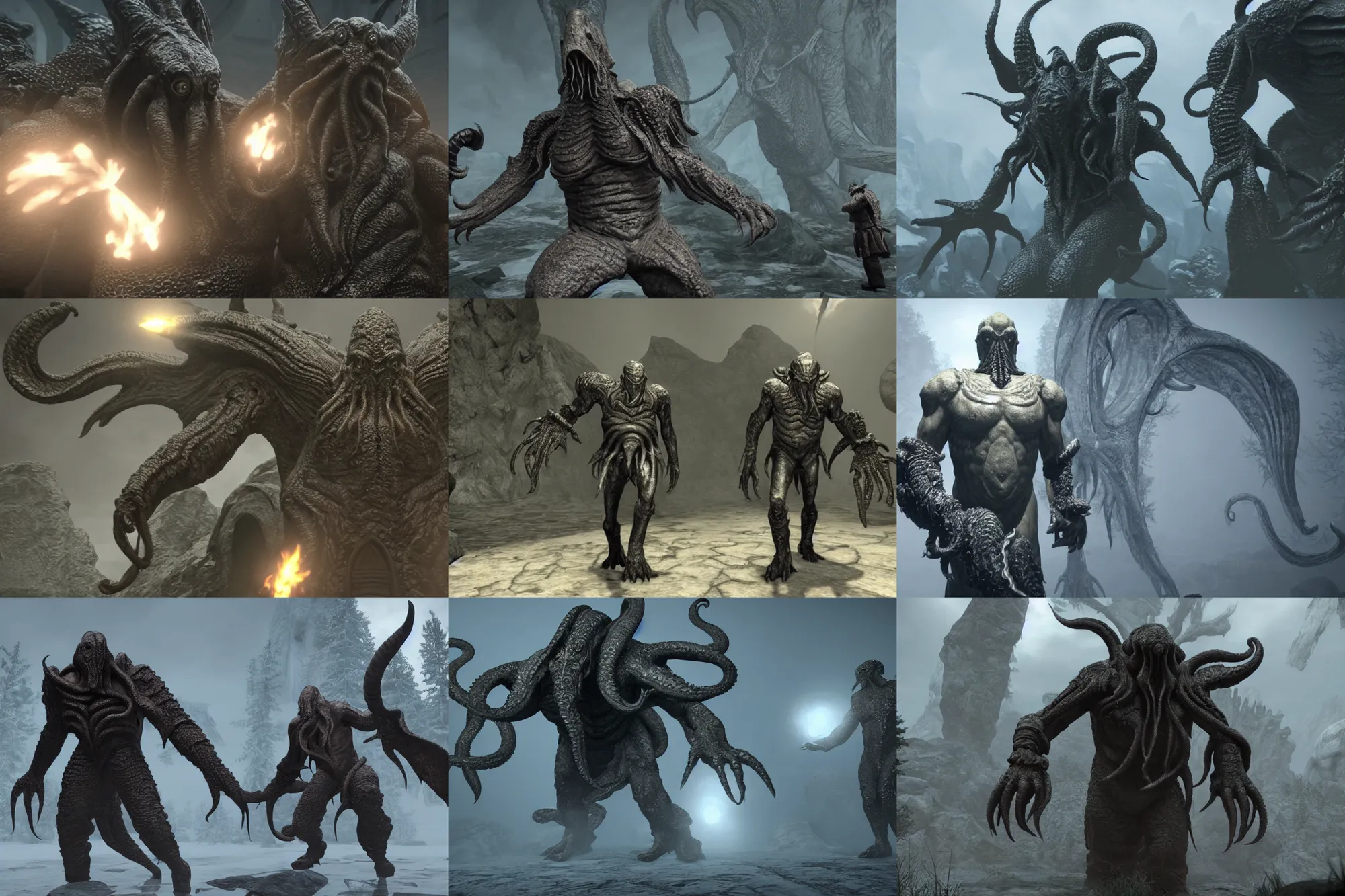 Prompt: still image of human sized cthulhu, as a white run guard in skyrim, unreal engine