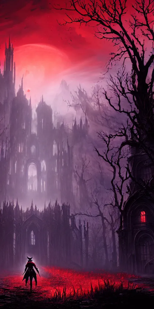 Image similar to abandoned bloodborne old valley with a obscure person at the centre and a ruined gothic city in the background, trees and stars in the background, falling red petals, epic red - orange moonlight, perfect lightning, wallpaper illustration by niko delort and kentaro miura, 4 k, ultra realistic