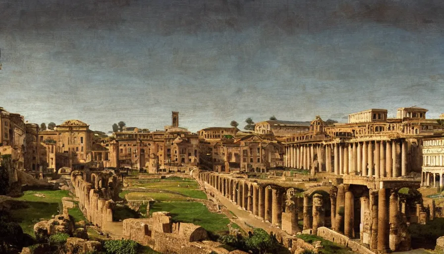 Image similar to ancient rome, aqueduct and roman baths in the background, clearly separated foreground middleground background, foggy, cupresses, intricate, paint texture, old masters, caravaggio, repin, solid anatomy, elegant, volumetric lighting, digital painting, highly detailed, artstation, sharp focus, illustration, concept art, steve mccurry, norman rockwell, masterpiece, 8 k