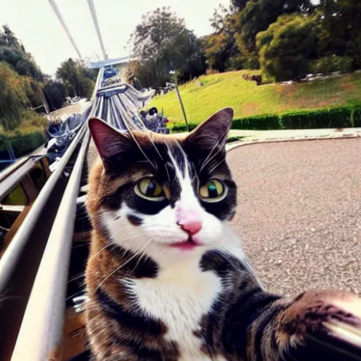 Image similar to selfie of an excited cat riding a roller - coaster