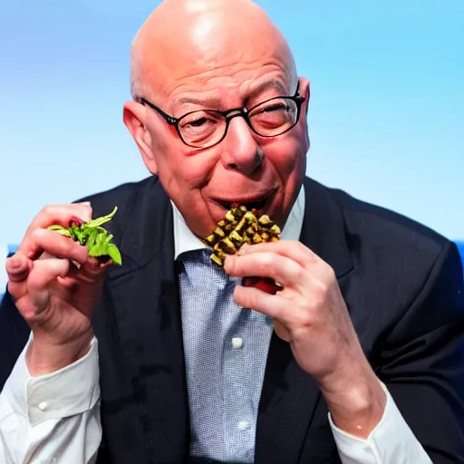 Prompt: a press photo of Klaus Schwab of the world economic forum eating bugs and other insects, horrible, 8k