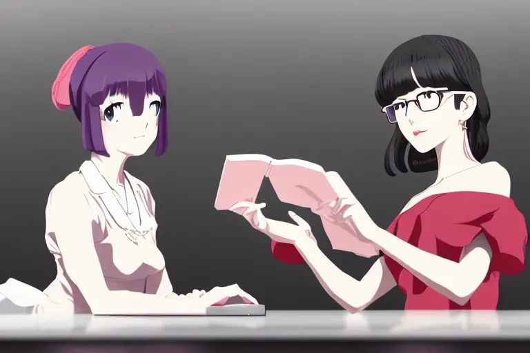 Image similar to portrait of two wise and very beautiful women discussing some texts appearing in a computer screen, in the style of bakemonogatari, intricate, elegant, highly detailed, smooth, sharp focus, artstation